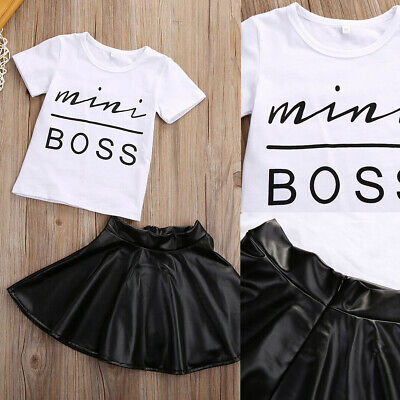Toddler Girls Outfits Clothes Casual T-shirt Tops+PU Leather Skirts Dress Set