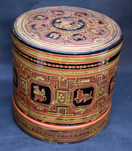 Amazing Vintage Burmese Lacquer Betel Nut Box 4 pcs Burma Myanmar Zodiac Animals
