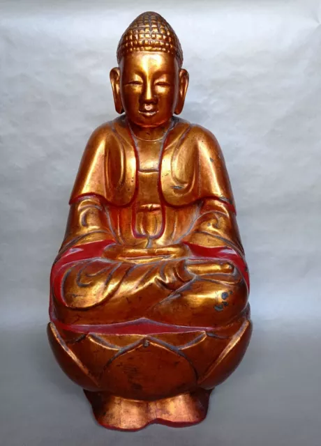 Ancien Grand Bouddha Doré en  Bois Sculpté.44cm .XIX Siècle.