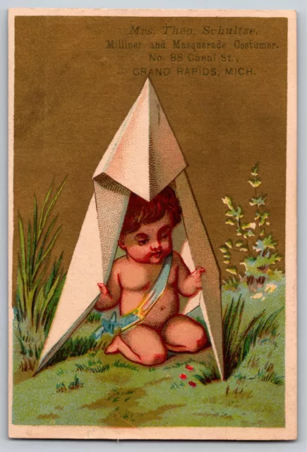 Mrs. Theo. Schultze Milliner Grand Rapids, MI Victorian Trade Card Boy in Tent