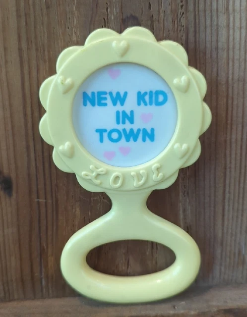 Vintage Yellow Plastic Baby Rattle Toy “New Kid in Town” Quote Infant Nostalgic