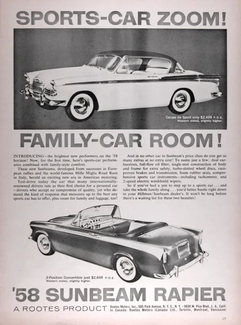 1958 SUNBEAM RAPIER COUPE & CONVERTIBLE Authentic Vintage Ad ~ FREE SHIPPING!