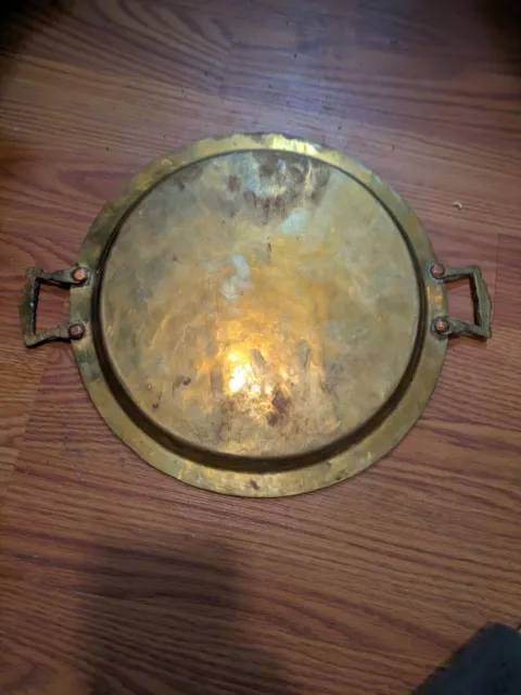 Vintage Brass Tray Samovar Copper Rivets at handles 9" Round   Russian Lovely 3