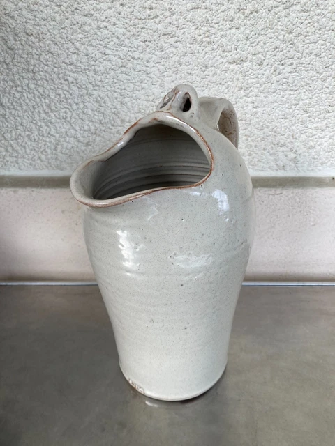Ancien Broc Pichet A Eau Signe Alis Poterie Forme De Visage Bouche Art Populaire
