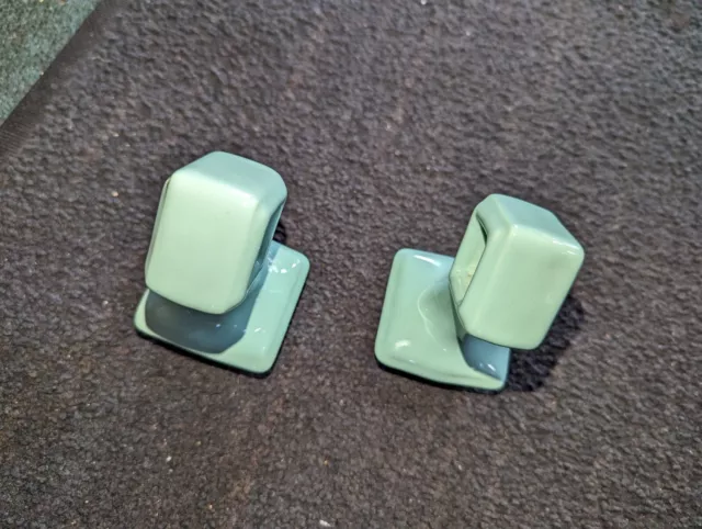 Vintage Art Deco Bracket Mount Sea Foam Green Porcelain Towel Bar Holder Pair
