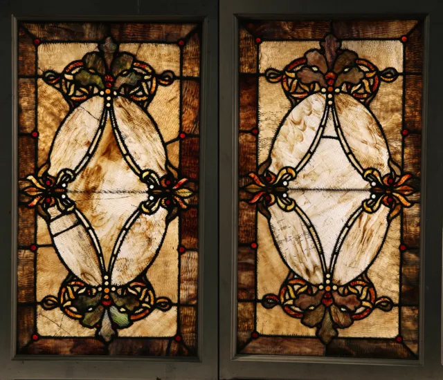 Pair of Beautiful Rectangular Religious Antique Leaded Glass Windows