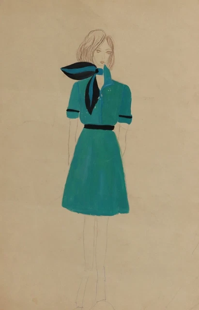 VINTAGE GOUACHE PAINTING Theatre stage girl in blue dress & scarf