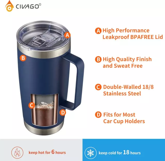 CIVAGO 20 oz Tumbler Mug with Lid and Straw, Insulated Travel Coffee Mug with 2
