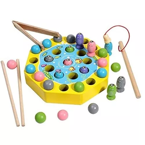 Wooden Magnetic Fishing Board Game Hand Held Kids Family Rod Party Puzzle