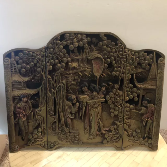 Antique Chinese Japanese Carved High Relief Three Panel Table Screen Asian