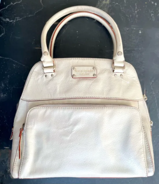 Kate Spade Dome Style Ivory Cream Off White Leather Tote Hand Bag Satchel Silver