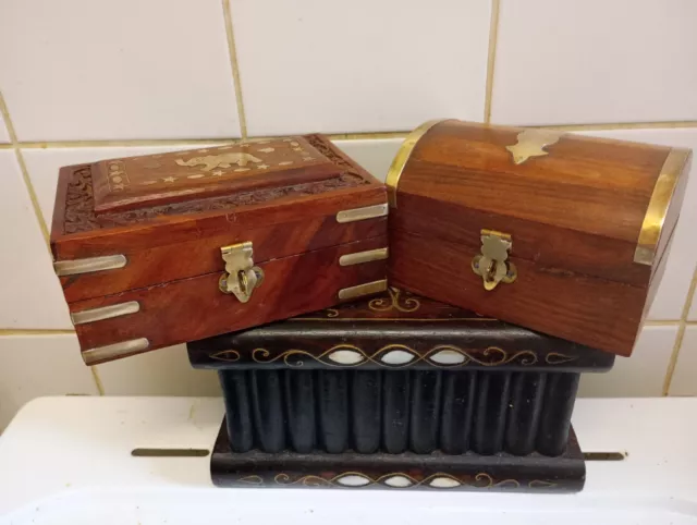 2 Antique Wood And Brass Jewelry/ Coin/ Sewing Boxes. Fishing Tackle Boxes.