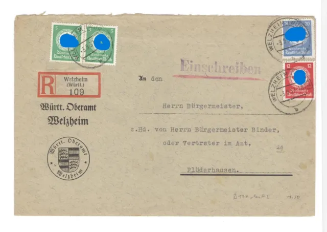 Ganzsache Briefumschlag Dienstmarke, R-Brief Einschreiben Oberamt Welzheim 1937