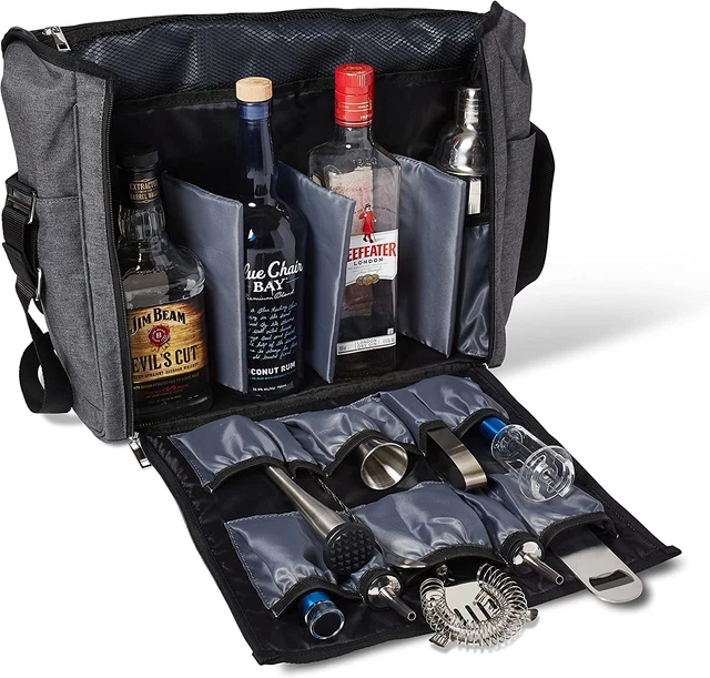 Travel Bar Bag Gray & Black, Water Resistant, Bartending Supplies, Pockets for C