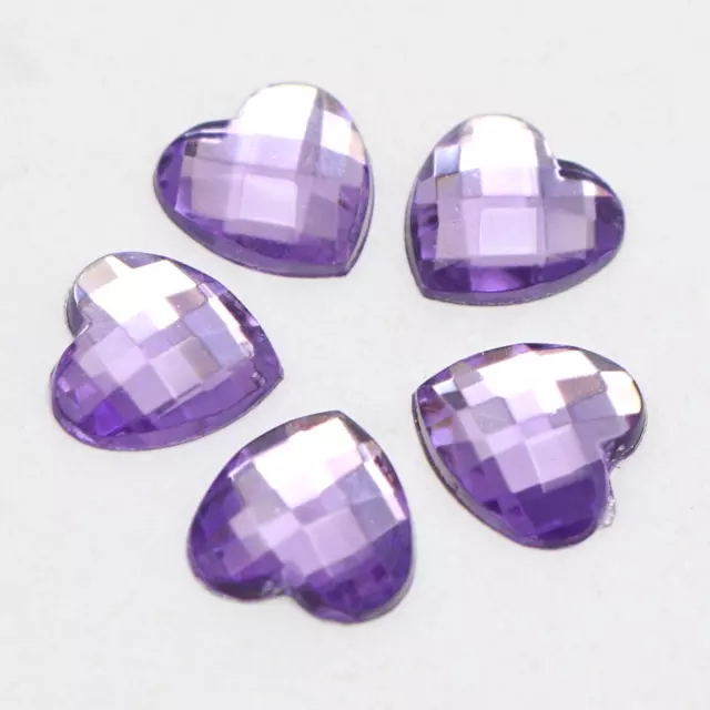 100 Purple Acrylic Faceted Heart Flatback Rhinestone Gems 12X12mm No Hole