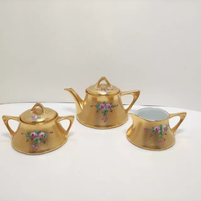 Pickard Z.S.C Bavaria Hand painted Teapot Set Gold & Pink Rose  Signed Mileri