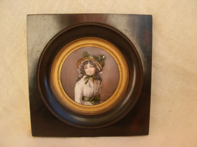 ANTIQUE FRENCH FRAMED MINIATURE PAINTING,LADY PORTRAIT,SIGNED,LATE 19th CENTURY.