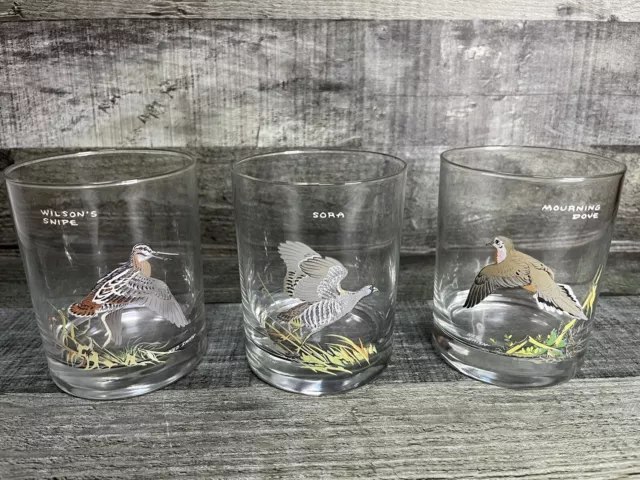 Set of 3 Vintage Ned Smith Waterfowl Lowball Rocks Glasses Sora, Dove, Snipe