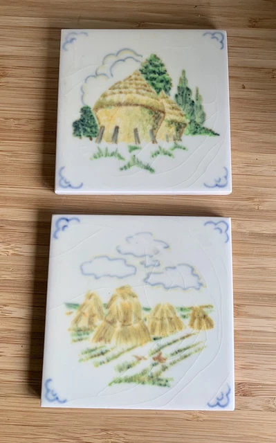 Pilkington’s Hand Painted Tiles Farm Harvest Hay Bales Farm Scene Vintage X 2