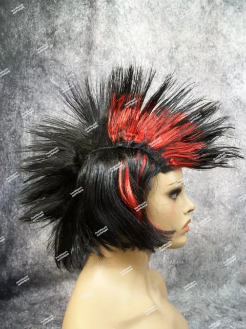 Black & Red Rock It Wig Mohawk Goth EMO Metal Punk Rocker Vamp Comic Rockstar