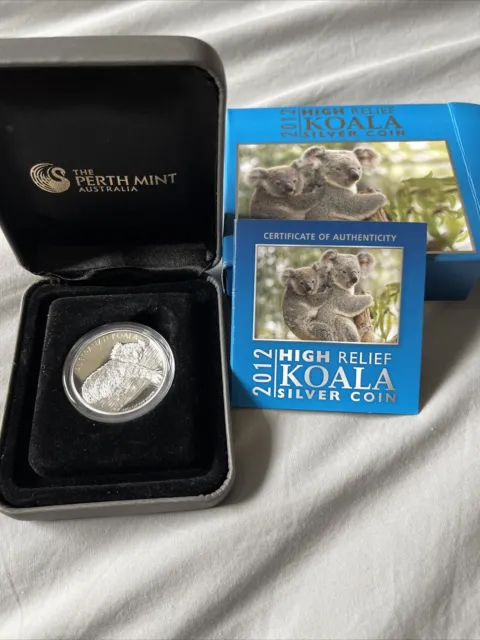 2012 Australia Koala High Relief $1 One Dollar Silver Proof 1oz Coin Box & COA