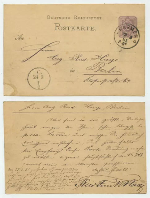 91084 - Ganzsache P 10 - Postkarte - Barmen 23.3.1881 nach Berlin