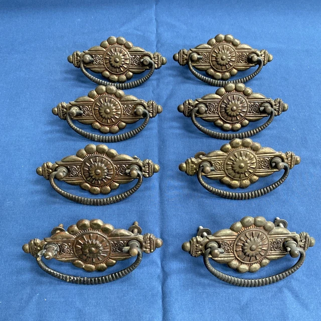8 Antique Ornate Stamped Backplate Drop Bail Drawer Pulls Furniture Hardware
