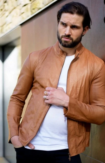 New Tan Leather Jacket Men Biker Moto Pure Lambskin Slim Size S M L XL XXL