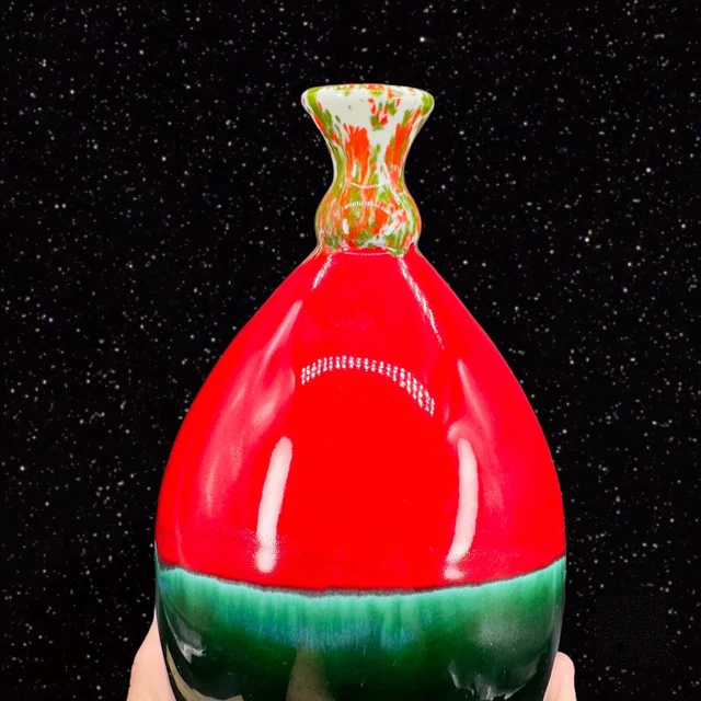 1970s Ceramic Hand Made Pottery Vase Hand Painted Marked By Artist Red Green 2