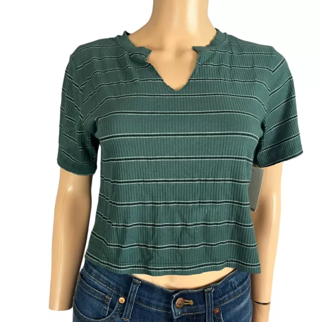 BP Nordstrom Womens Split Neck Tshirt Cropped Green Trekking Bella Stripe XXS