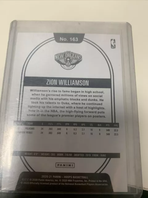 Carte 2ème année Zion Williamson 2020-21 NBA Hoops #163 rare 2