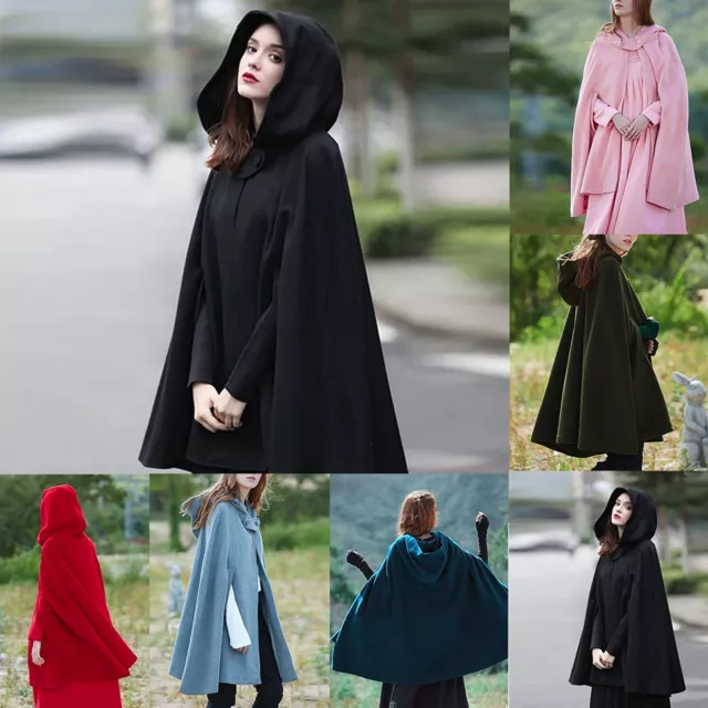 Hooded Medium Women Cape Winter Vintage Overcoat Fashion Button Cloak Woolen New