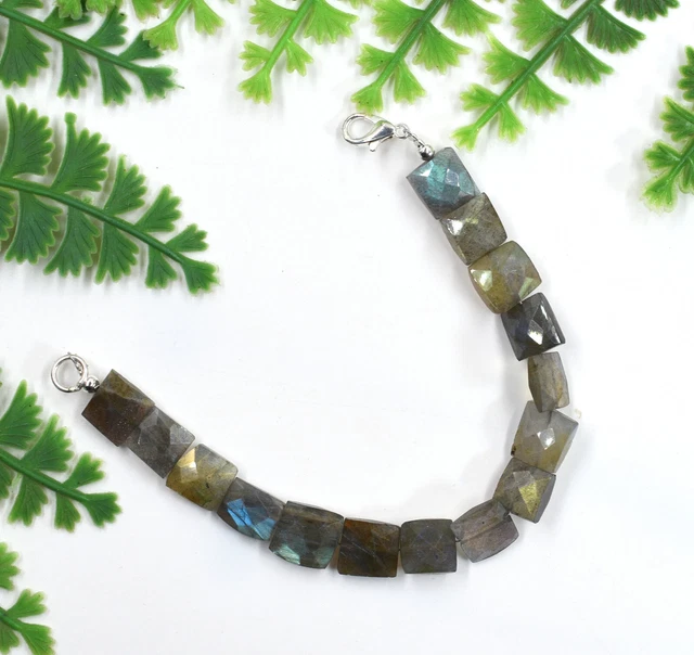 Labradorite 11-13MM Checker Cut Faceted Gemstone Bracelet 7", Genuine Beads