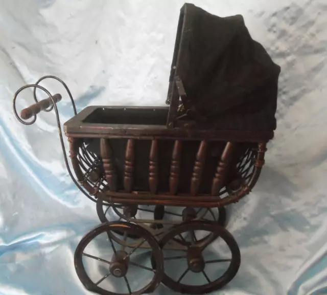 Antique Victorian Stroller Vintage Wicker Wood Iron Baby Doll Carriage 14"