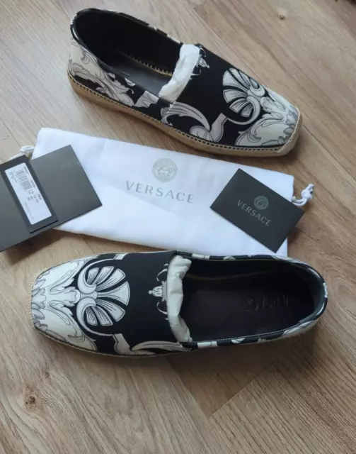 Versace Barocco Black White Print Espadrille Shoes Mens 10.5 EU 43.5