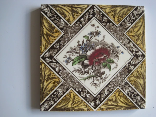 Antique Victorian J & W Wade Print & Tint Aesthetic Floral Tile C.1884-1904