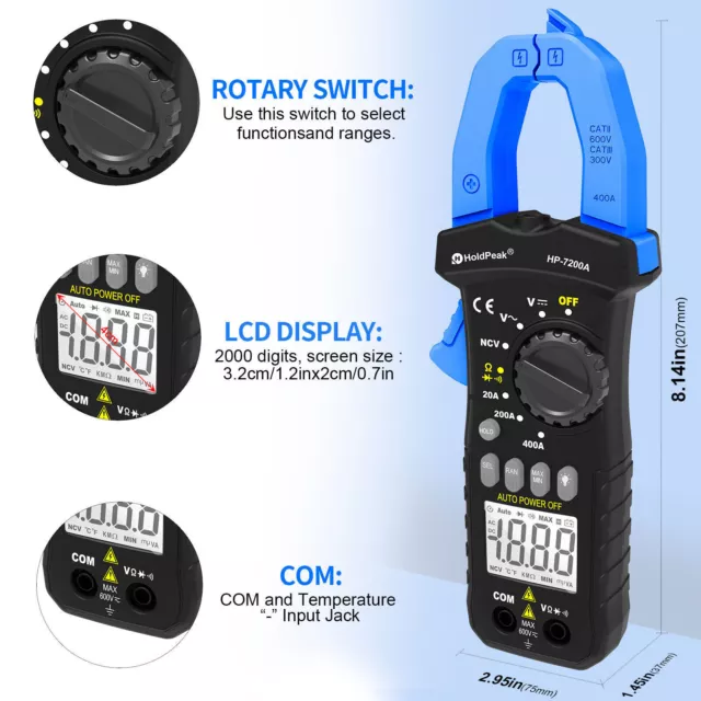 Digital Clamp Multimeter TRMS 2000 Counts  NCV DC AC Voltage Resistance Tester