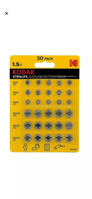 30 Pilas Kodak Extra Vida AG1 AG3 AG4 AG10 AG12 AG13 Pila de Botón Reloj NUEVAS