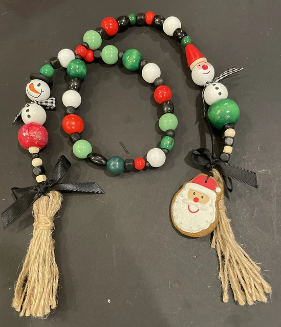 Christmas Wood Bead Garland • SANTA • SNOWMAN • Handmade • New 36” • #7