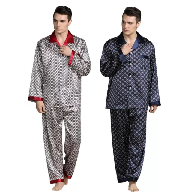 2Pcs Mens Silk Satin Pajamas Sleepwear Pyjamas Pjs Set Long Sleeve Homewear