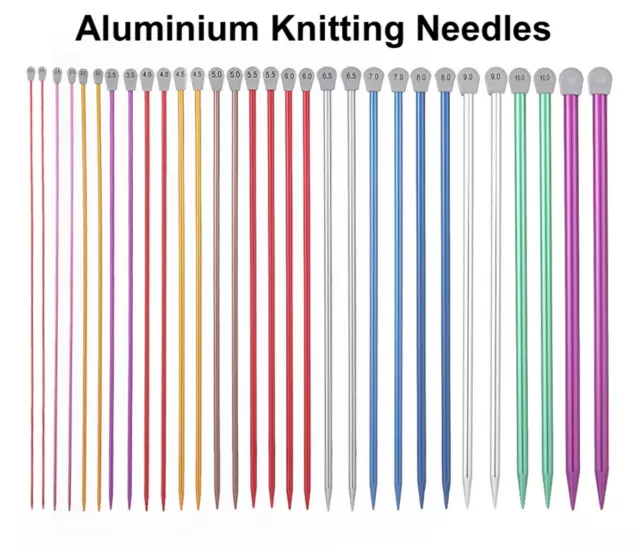 Aluminium Single Point Knitting Needles Set or Pairs 15 Sizes 35cm 2mm-12mm