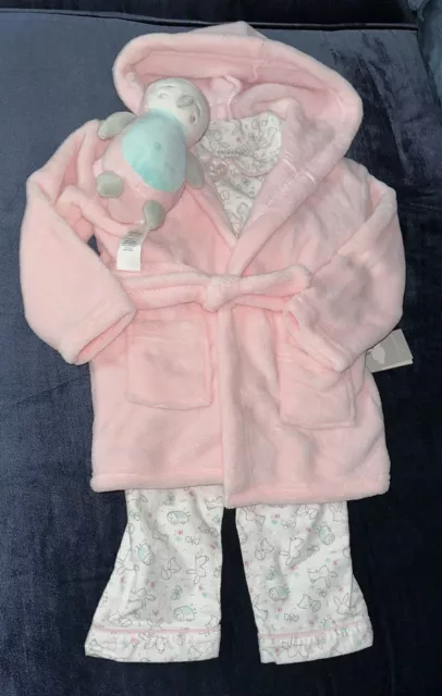 Bnwt - Primark Set - Pyjamas Fleece Dressing Gown Robe & Toy - 12-18 Mths