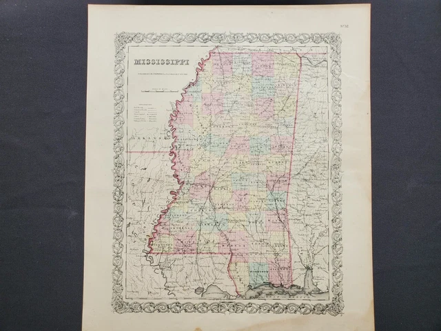 1855 Colton Map - Mississippi - 100% Genuine Antique