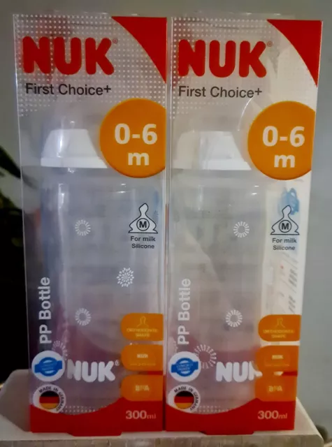 x2 New NUK First Choice+ 0-6 Months PP BPA Baby Bottle 300ML Anti-colic Ortho