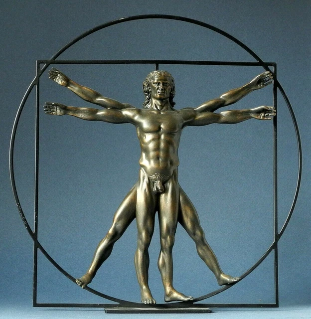 Statuette L'Homme De Vitruve Façon Bronze Finition Antique - Sculpture Résine Sur Socle