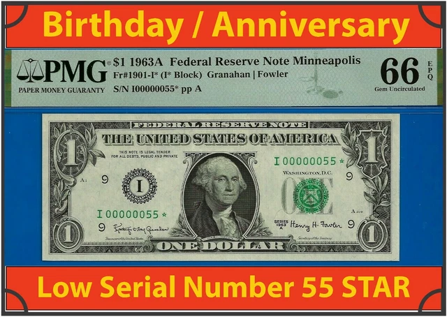 Near TOP POP✅1963-A $1 FRN ➡️2nd Finest 🔴 Low Serial # 55 STAR ⬅️PMG 66EPQ