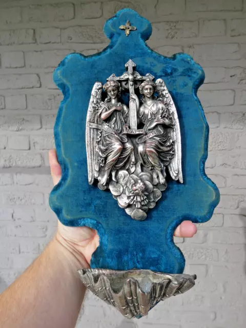 Antique French large Holy water font plaque angels rare velvet religious
