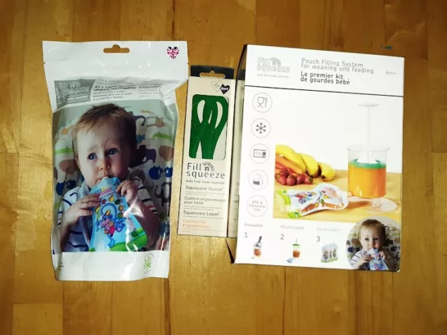 NEW:Fill n Squeeze Baby Weaning Pouch System with 5 reusable pouches, and masher