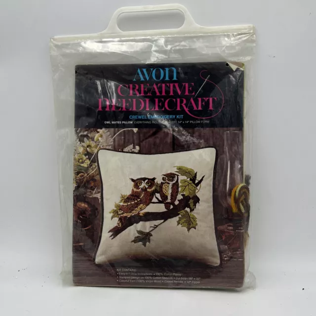 Kit de bordado de almohada crealla vintage 1970 Avon Creative Needlecraft BÚHO MATE