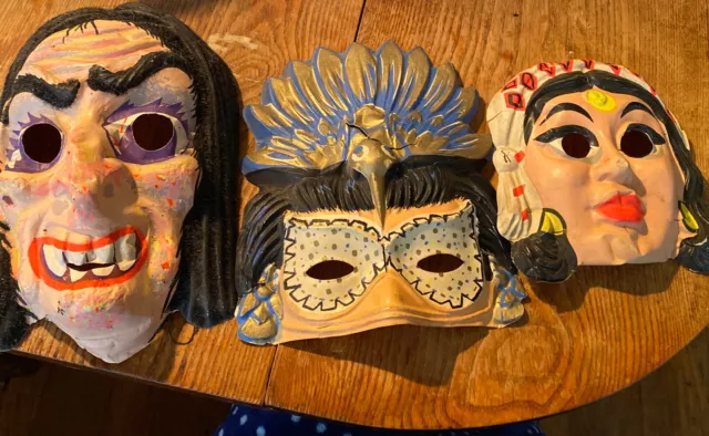 Vintage Scary Plastic Halloween Masquerade Mask Lot Of 3, Witch, Mardi Gras